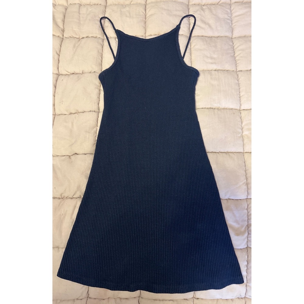 Topshop Womens Navy Ribbed Knit Skater Dress Spaghetti Strap Size 4